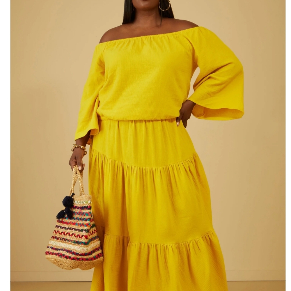 ASHLEY STEWART Off the Shoulder Cotton Gauze Top and Tiered Maxi Skirt SET 6X
